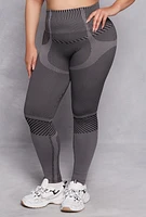 Womens Plus Size Seamless Striped Activewear Leggings, Grey, Size 2X-3X