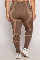 Womens Plus Size Seamless Striped Activewear Leggings, Brown, Size 2X-3X