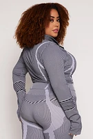 Womens Plus Size Seamless Striped Track Jacket, Grey, Size 2X-3X