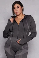 Womens Plus Seamless Striped Track Jacket, Grey,