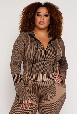 Womens Plus Size Seamless Striped Track Jacket, Brown, Size 2X-3X