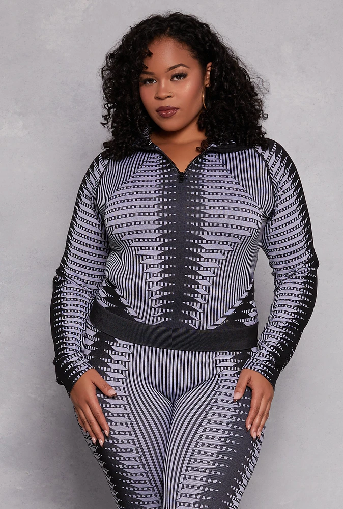 Womens Plus Size Psychedelic Print Quarter Zip Jacket, Grey, Size 1X-2X