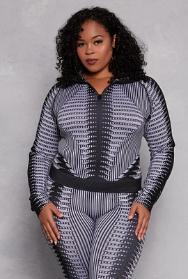 Womens Plus Size Psychedelic Print Quarter Zip Jacket, Grey, Size 1X-2X