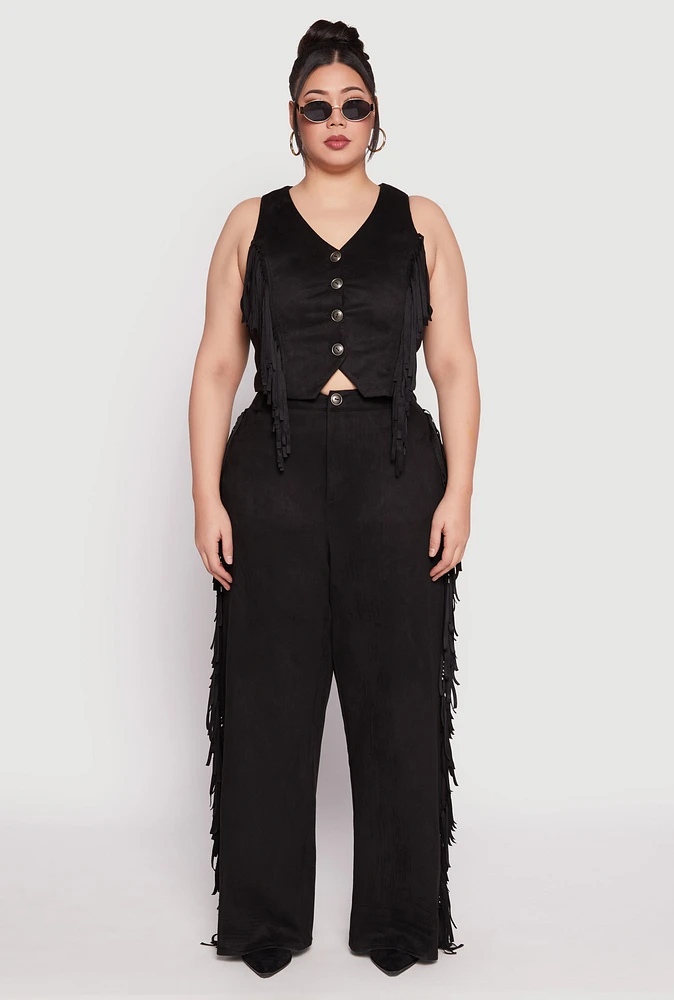 Womens Plus Size Faux Suede Fringe Wide Leg Pants, Black, Size 2X