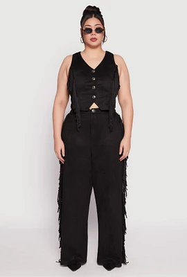 Womens Plus Size Faux Suede Fringe Wide Leg Pants, Black, Size 2X