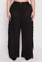 Womens Plus Size Faux Suede Fringe Wide Leg Pants, Black, Size 3X