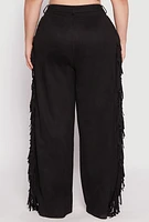 Womens Plus Size Faux Suede Fringe Wide Leg Pants, Black, Size 3X