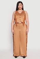 Womens Plus Size Faux Suede Fringe Wide Leg Pants, Brown, Size 1X