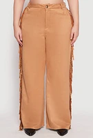 Womens Plus Size Faux Suede Fringe Wide Leg Pants, Brown, Size 1X