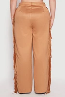 Womens Plus Size Faux Suede Fringe Wide Leg Pants, Brown, Size 1X