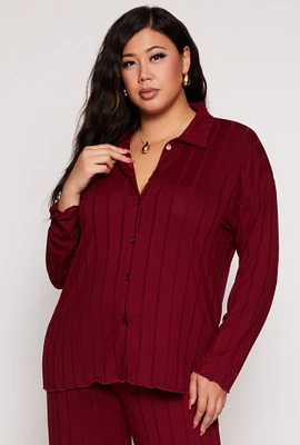 Womens Plus Size Ribbed Button Front Blouse, Burgundy, Size 1X