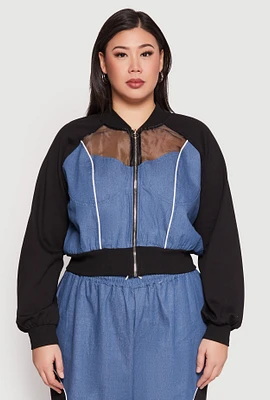 Womens Plus Size Denim Color Block Bomber Jacket, Multi, Size 2X