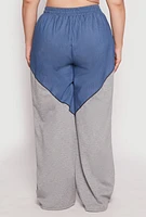 Womens Plus Denim Color Block Wide Leg Pants, 3X