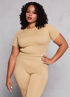 Womens Plus Size Textured Knit Cropped T Shirt, Beige, Size 1X