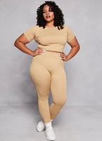Womens Plus Size Textured Knit Cropped T Shirt, Beige, Size 1X