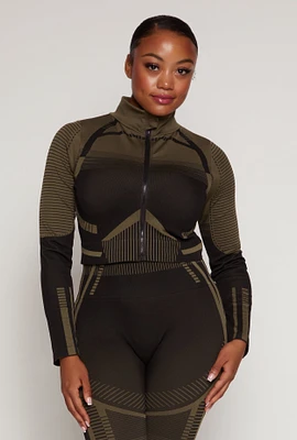 Womens Plus Size Seamless Printed Cropped Track Jacket, Green, Size 2X