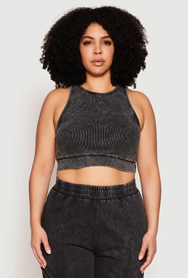 Womens Plus Ribbed Knit Acid Wash Racerback Crop Top,