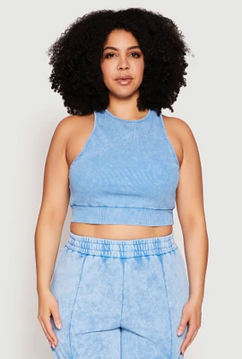 Womens Plus Ribbed Knit Acid Wash Racerback Crop Top, Blue,