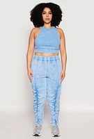 Womens Plus Ribbed Knit Acid Wash Racerback Crop Top, Blue,