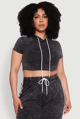 Womens Plus Daisy Mineral Wash Cropped Hooded T Shirt with Varsity Stripe,