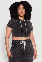 Womens Plus Daisy Mineral Wash Cropped Hooded T Shirt with Varsity Stripe,