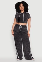 Womens Plus Daisy Mineral Wash Cropped Hooded T Shirt with Varsity Stripe,