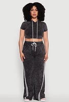 Womens Plus Daisy Mineral Wash Cropped Hooded T Shirt with Varsity Stripe,