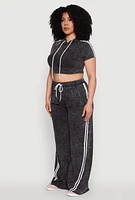 Womens Plus Daisy Mineral Wash Cropped Hooded T Shirt with Varsity Stripe,