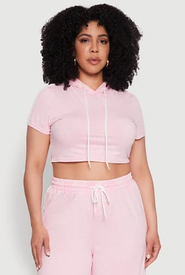 Womens Plus Size Daisy Mineral Wash Cropped Hooded T Shirt with Varsity Stripe, Pink, Size 3X