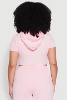 Womens Plus Size Daisy Mineral Wash Cropped Hooded T Shirt with Varsity Stripe, Pink, Size 3X