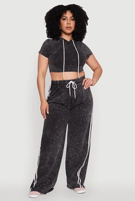 Womens Plus Size Daisy High Waisted Wide Leg Casual Pants with Varsity Stripe, Black, Size 1X