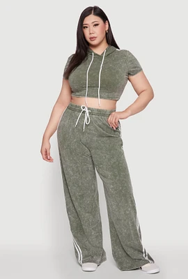 Womens Plus Size Daisy High Waisted Wide Leg Casual Pants with Varsity Stripe, Green, Size 2X