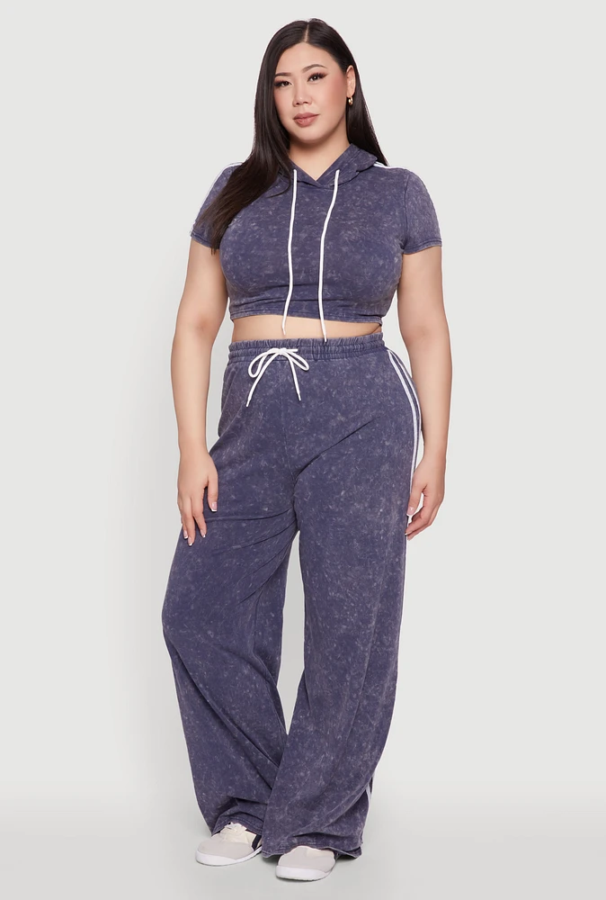Womens Plus Size Daisy High Waisted Wide Leg Casual Pants with Varsity Stripe, Blue, Size 1X