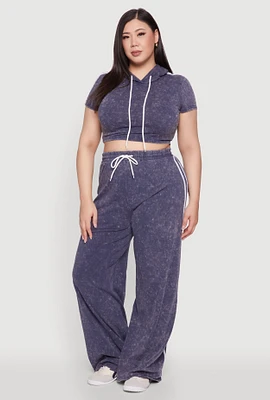 Womens Plus Size Daisy High Waisted Wide Leg Casual Pants with Varsity Stripe, Blue, Size 1X