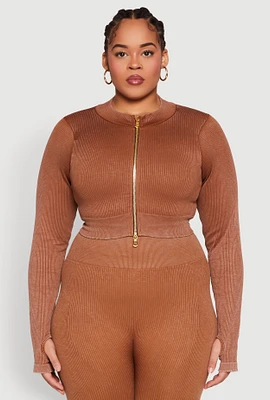 Womens Plus Size Daisy Acid Wash Track Jacket, Brown, Size 2X