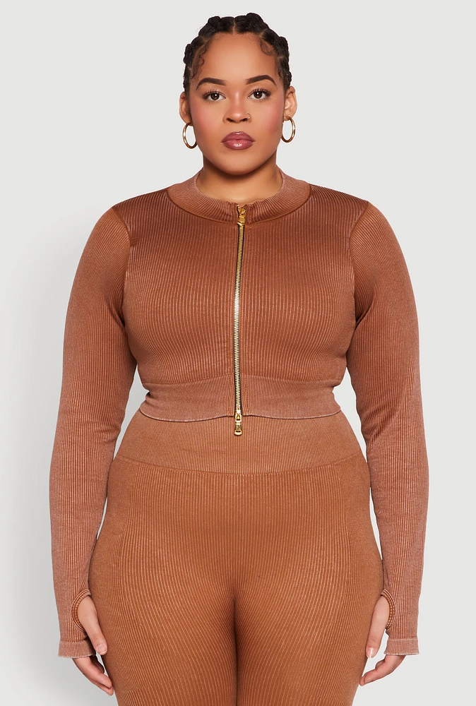 Womens Plus Size Daisy Acid Wash Track Jacket, Brown, Size 3X