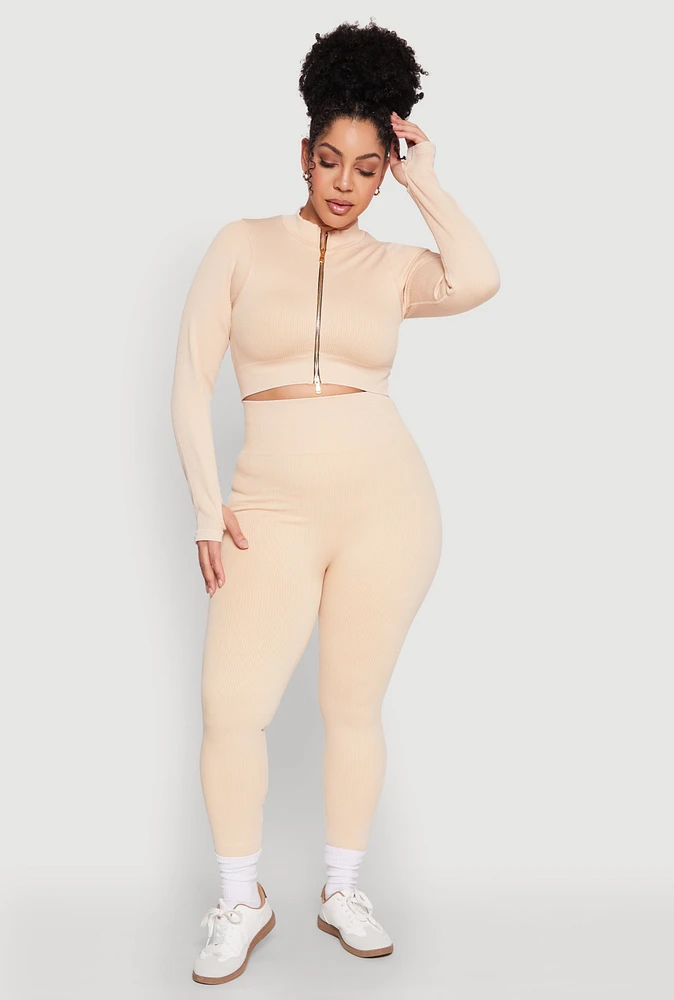 Womens Plus Size Daisy Compression Rib Acid Wash Leggings, Beige, Size 1X