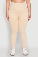 Womens Plus Size Daisy Compression Rib Acid Wash Leggings, Beige, Size 1X