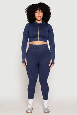 Womens Plus Daisy Compression Rib Acid Wash Leggings,