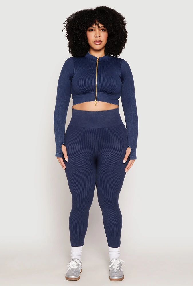 Womens Plus Size Daisy Compression Rib Acid Wash Leggings, Blue, Size 2X
