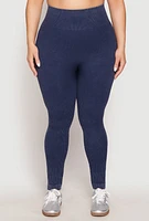 Womens Plus Size Daisy Compression Rib Acid Wash Leggings, Blue, Size 2X