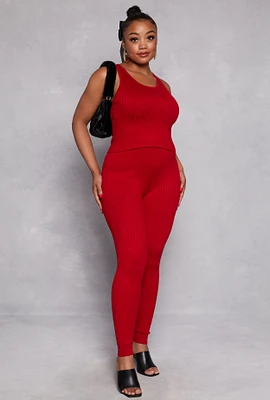 Womens Plus Size Daisy Ribbed Knit Leggings, Red, Size 3X