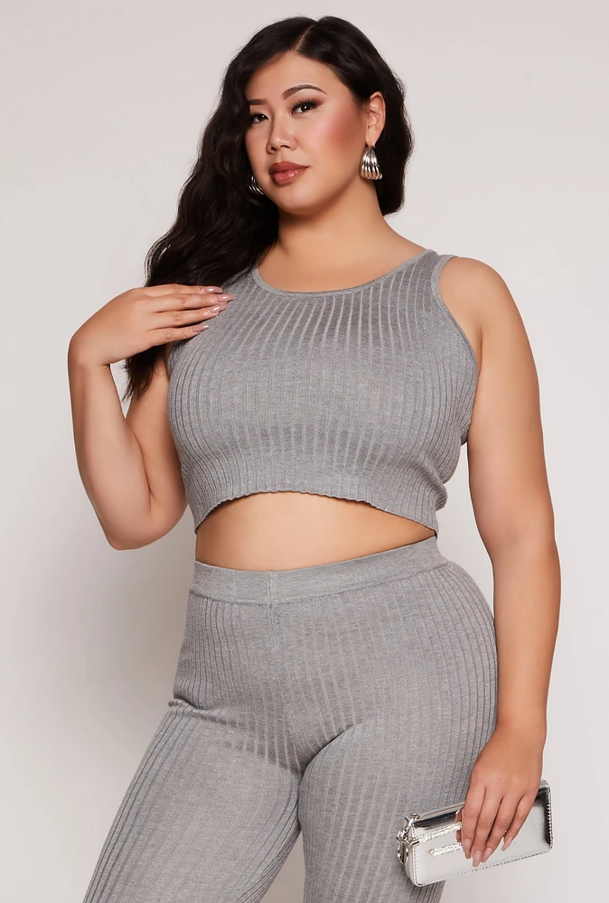 Womens Plus Size Daisy Ribbed Knit Tank Top, Grey, Size 1X