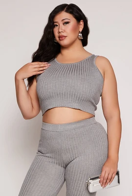Womens Plus Size Daisy Ribbed Knit Tank Top, Grey, Size 1X