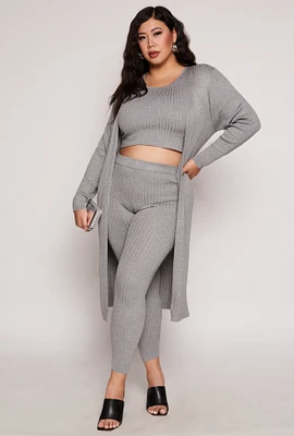 Womens Plus Size Daisy Ribbed Knit Duster, Grey, Size 2X