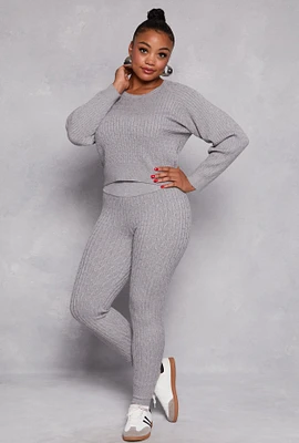 Womens Plus Size Cable Knit Wide Waist Leggings, Grey, Size 3X