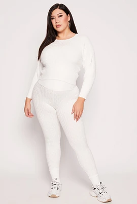 Womens Plus Size Cable Knit Wide Waist Leggings, White, Size 3X