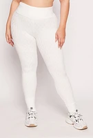 Womens Plus Size Cable Knit Wide Waist Leggings, White, Size 3X