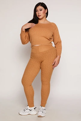 Womens Plus Size Cable Knit Wide Waist Leggings, Khaki, Size 2X