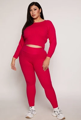 Womens Plus Cable Knit Wide Waist Leggings,
